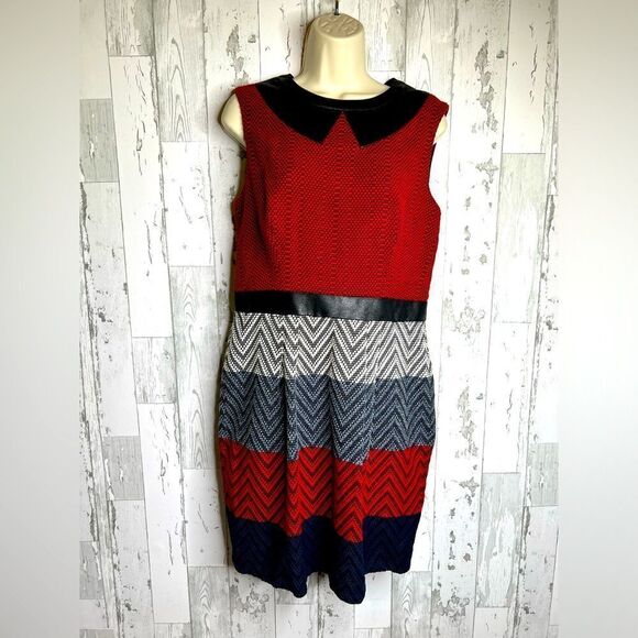 MUSE Sleeveless Dress Red Black Sheath Chevron Stripe Sz 10 Faux Leather Accent - Picture 1 of 11